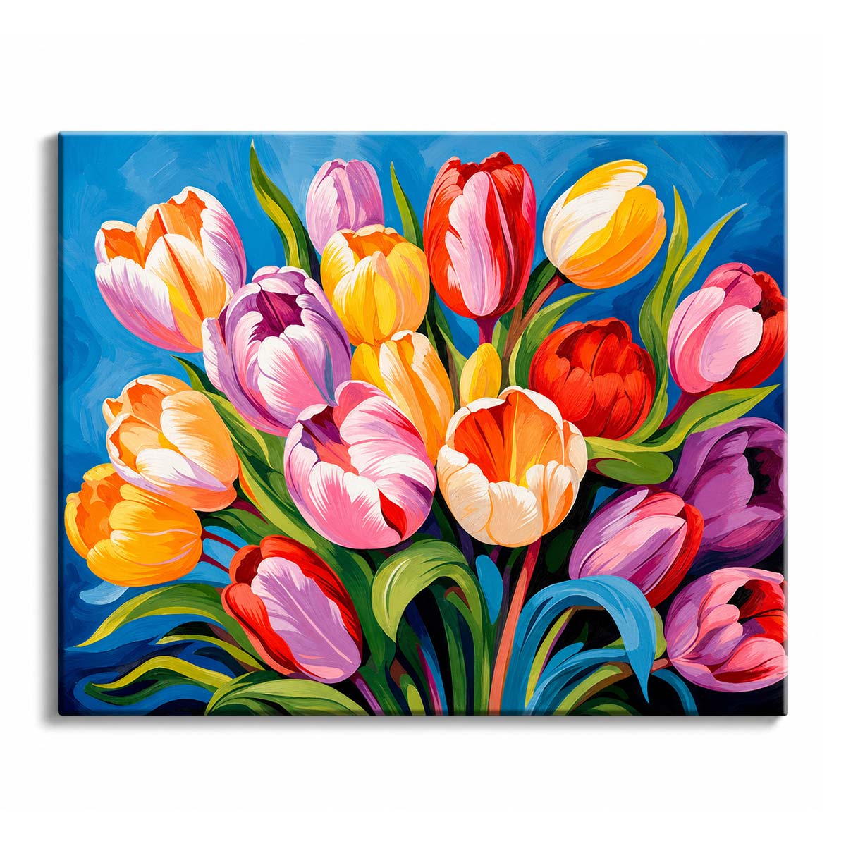 A packed bouquet of red, orange, pink and violet tulips against a deep blue background, in a paint by numbers design.