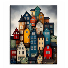 A paint by numbers design of dozens of colorful wooden houses stacked into a hillside town under a gray overcast sky.