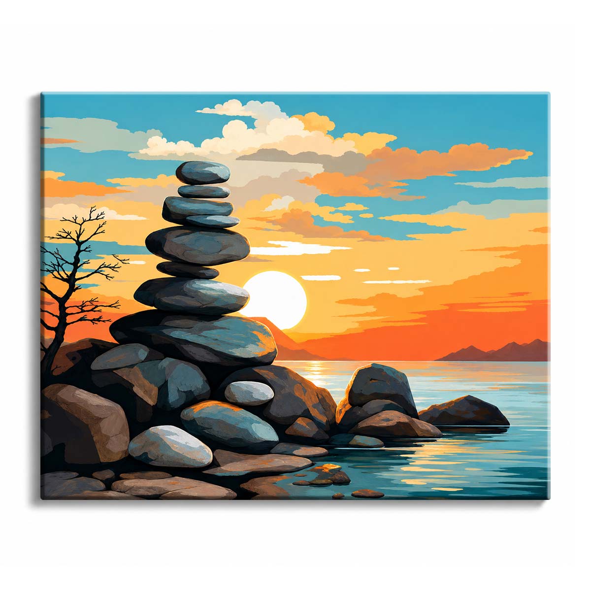 A stacked stones paint by numbers design showing a balanced cairn beside calm water under an orange and blue sunset sky.
