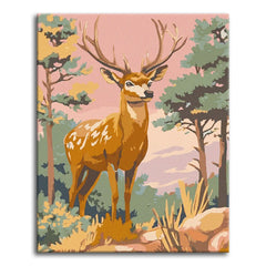 A stylized vintage paint by numbers scene of a proud antlered stag standing among slender pine trees, against a soft dusty-pink sky with sage-green foliage.