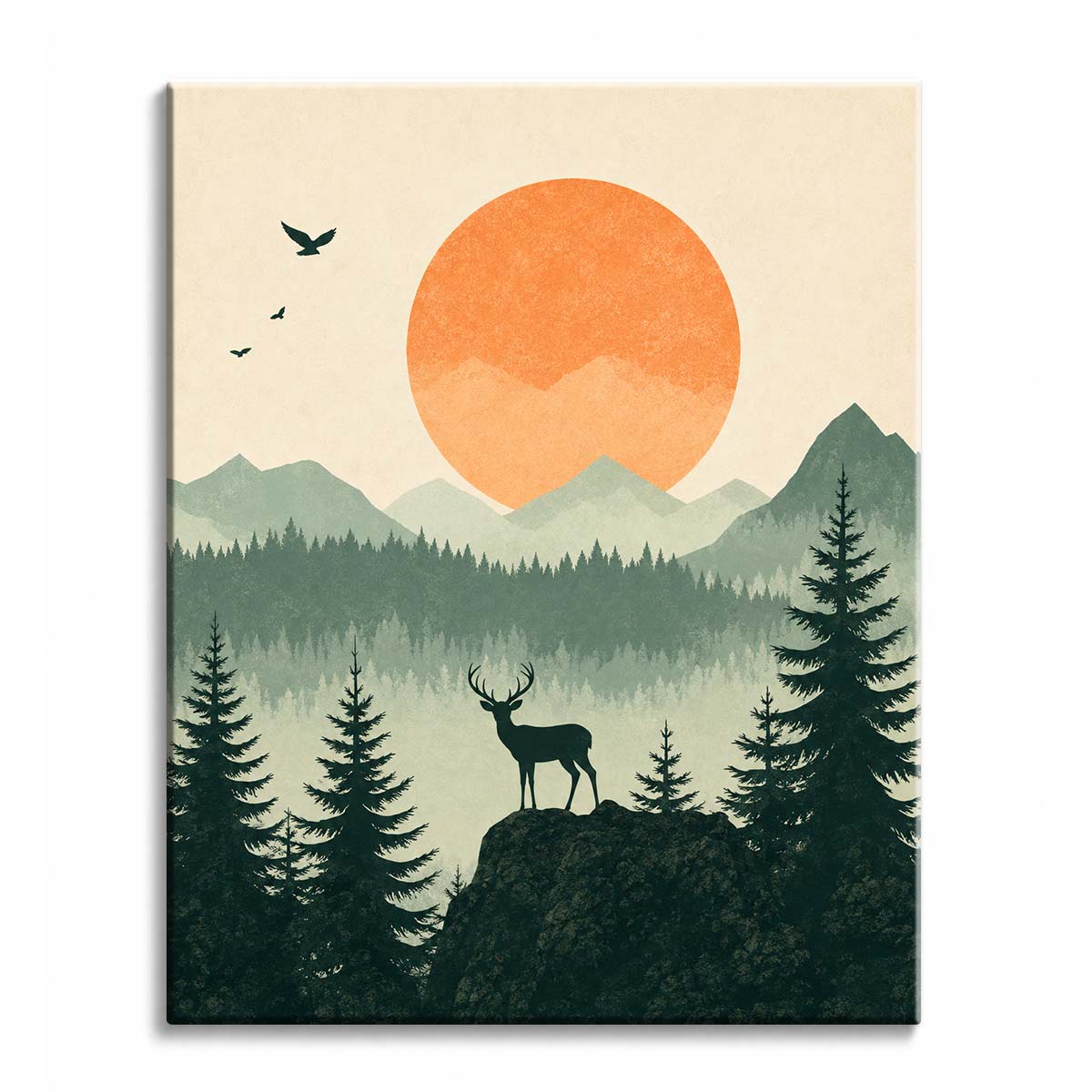 A stag stands on a rock above layered pine forest and green mountains under a large orange sun, in a paint by numbers design.