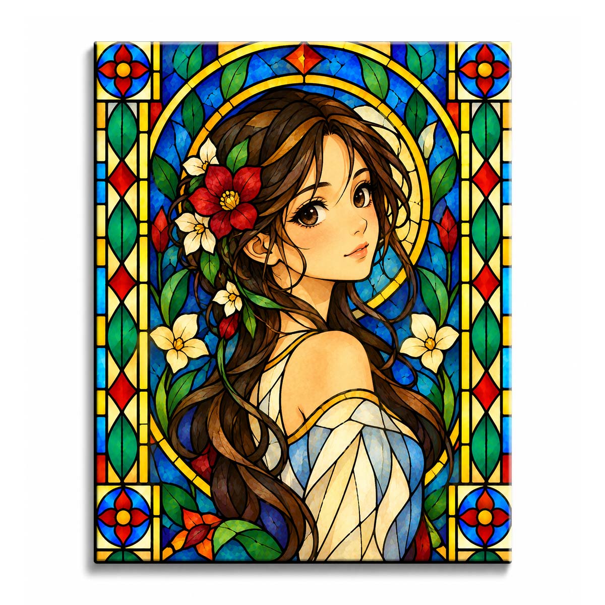 A stained glass anime girl paint by numbers design with large brown eyes, flowing dark hair, red and cream flowers, and blue-green ornamental floral panes.