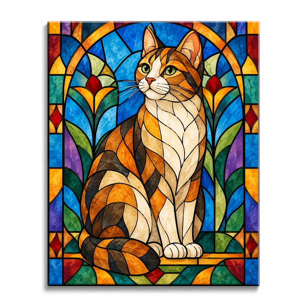 A stained glass cat paint by numbers design showing a calico cat inside blue arched panes with green leaves and red border accents.