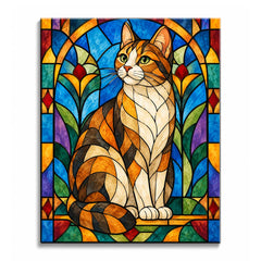 A stained glass cat paint by numbers design showing a calico cat inside blue arched panes with green leaves and red border accents.