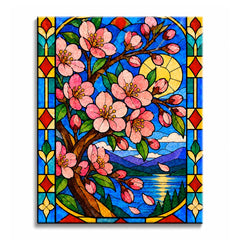 A stained glass cherry blossom paint by numbers design with pink flowering branches, green leaves, a golden disk, and blue sky above a mountain lake below.