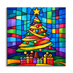 A stained glass Christmas tree with ornaments, gifts, and a gold star against multicolored window panels in a mini paint by numbers design.