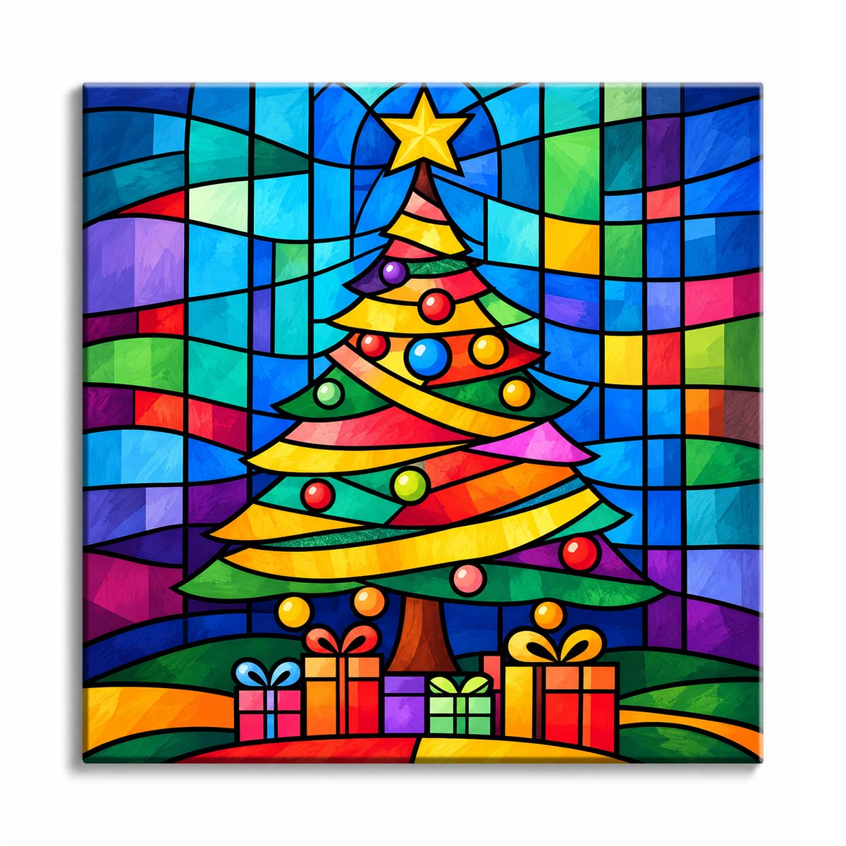 A stained glass Christmas tree with ornaments, gifts, and a gold star against multicolored window panels in a mini paint by numbers design.