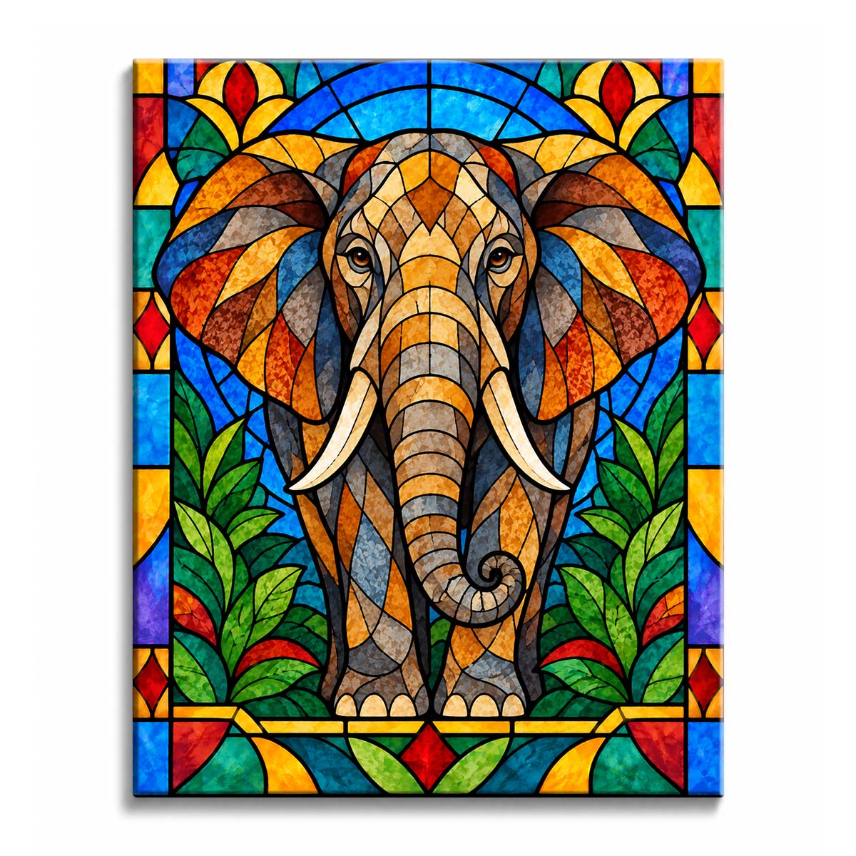 Within a blue window, a stained glass elephant paint by numbers design centers a tusked elephant between green leaves, with amber-gray ears and geometric borders.