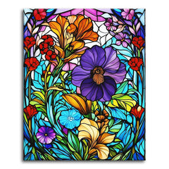 A flower garden of pansies, lilies, and red blooms in glowing leaded stained-glass style with bold black outlines, shown as a paint by numbers canvas.