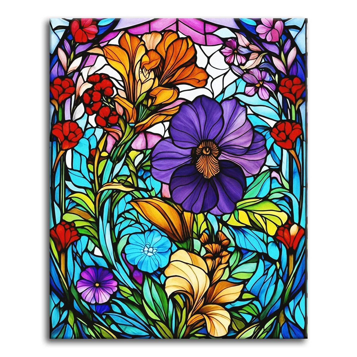 A flower garden of pansies, lilies, and red blooms in glowing leaded stained-glass style with bold black outlines, shown as a paint by numbers canvas.