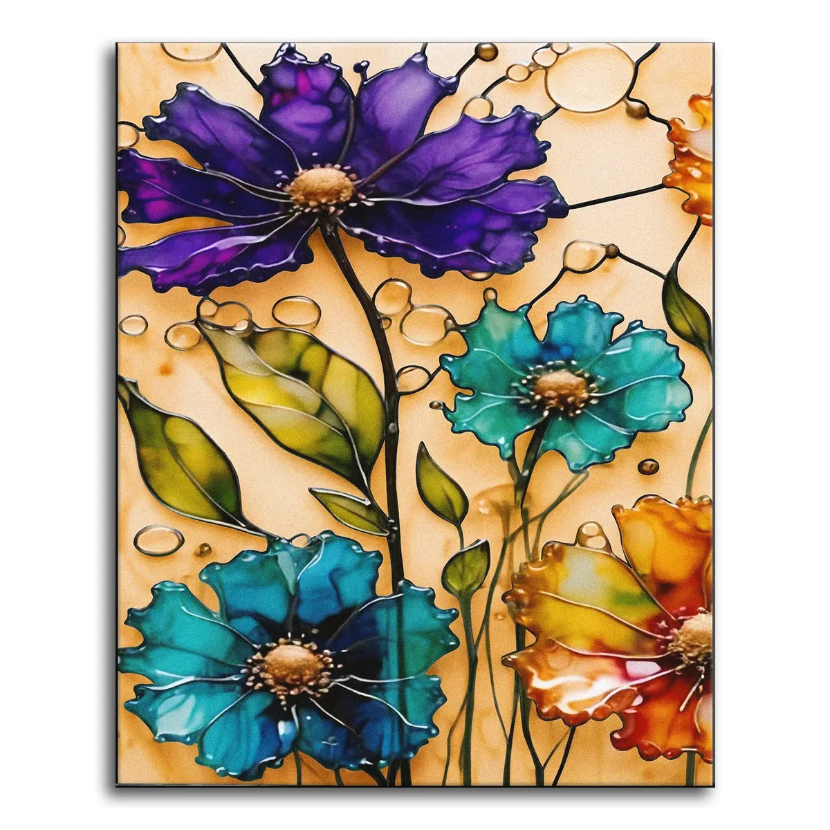 Translucent cosmos flowers in purple, teal, and amber outlined like stained glass against a warm honey background, shown as a paint by numbers canvas.