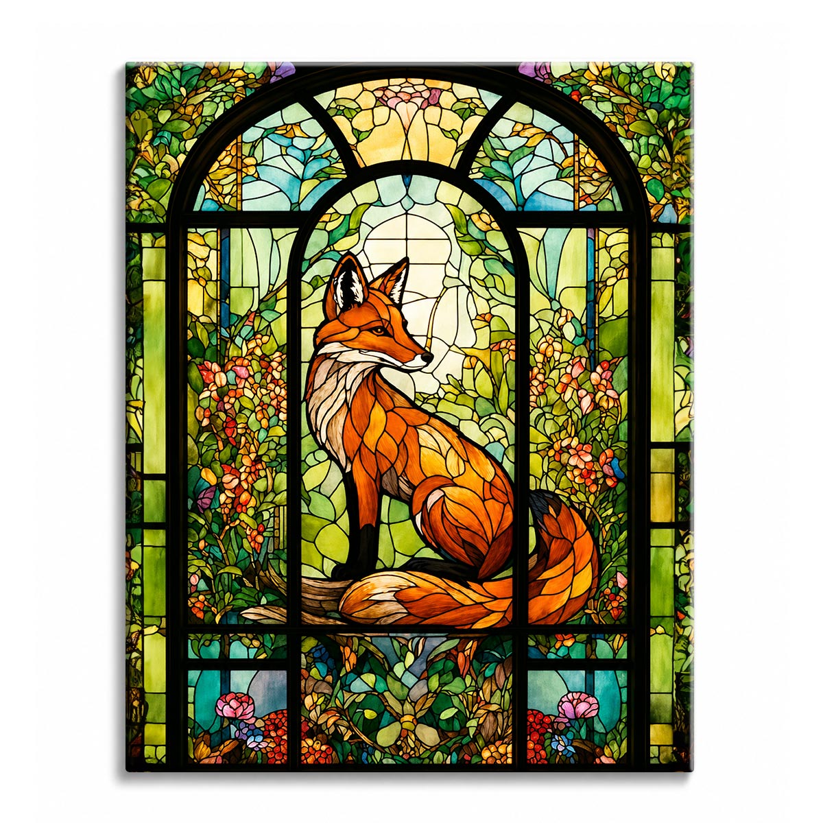 A red fox rendered in stained glass inside an arched window surrounded by green foliage and flowers, shown as a paint by numbers canvas.