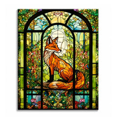 A red fox rendered in stained glass inside an arched window surrounded by green foliage and flowers, shown as a paint by numbers canvas.