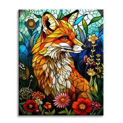 A fox rendered in stained glass panes of amber and rust among red and pink wildflowers, shown as a paint by numbers canvas.
