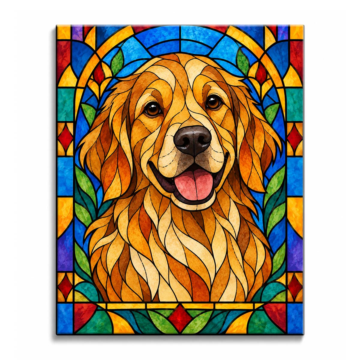 Inside a blue stained-glass window, a smiling golden retriever faces forward in a paint by numbers design with green leaf panels and gold border pieces.