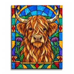 A stained glass highland cow paint by numbers design showing a shaggy orange cow facing forward between curved horns, purple thistles, and blue leaded panels.