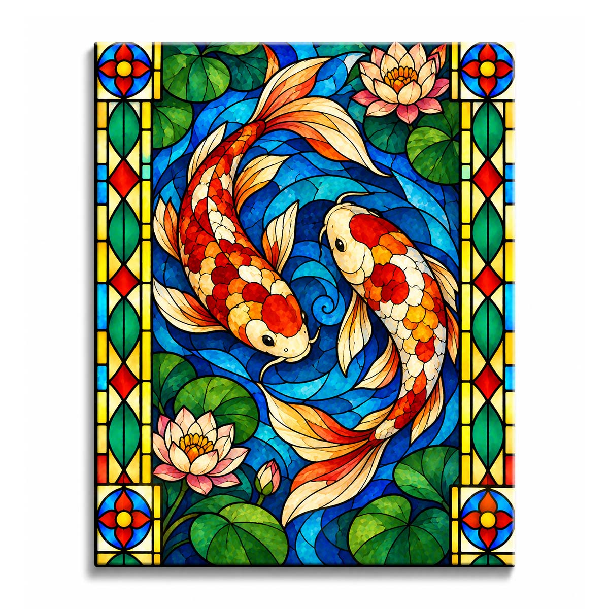 A stained glass koi paint by numbers design showing orange-and-cream koi circling through deep blue water, with lotus blooms and broad green lily pads around them.