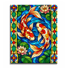 A stained glass koi paint by numbers design showing orange-and-cream koi circling through deep blue water, with lotus blooms and broad green lily pads around them.