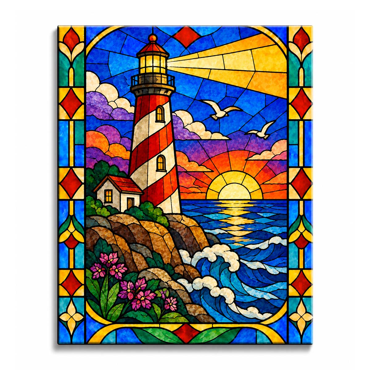 At sunset by the ocean, a red-and-white lighthouse sends a golden beam above blue waves and a setting sun in a stained glass lighthouse paint by numbers design with a floral border.