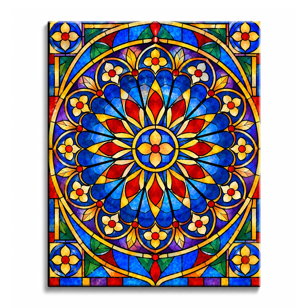 A stained glass mandala paint by numbers design built from blue scallops, red pointed petals, gold floral motifs, and green corner leaves within a geometric border.