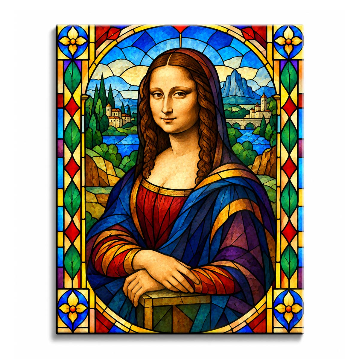 Golden light surrounds the portrait in a stained glass Mona Lisa paint by numbers design, with blue mountains, a winding river, and jewel-toned border panels.