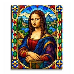 Golden light surrounds the portrait in a stained glass Mona Lisa paint by numbers design, with blue mountains, a winding river, and jewel-toned border panels.