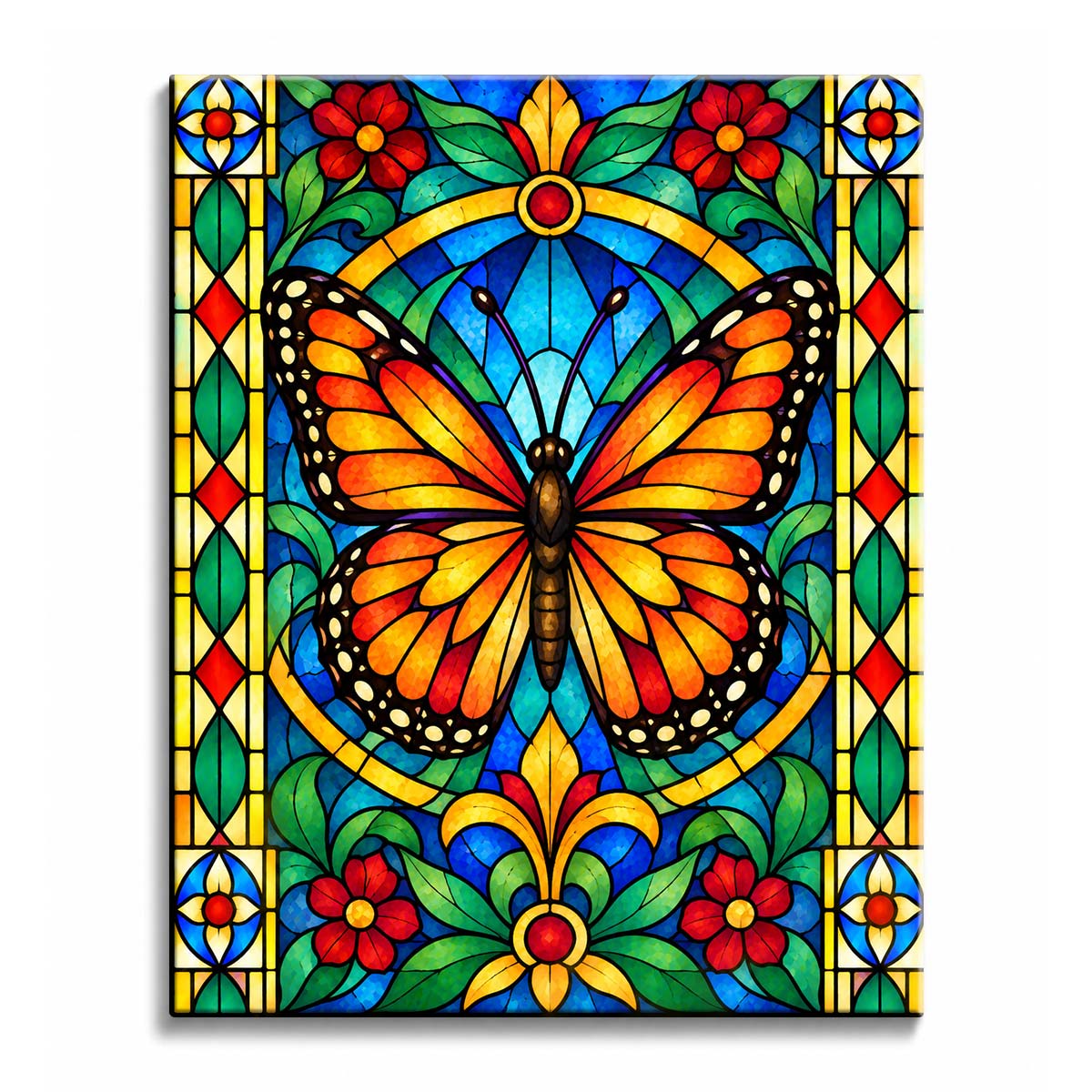 A stained glass monarch butterfly paint by numbers design showing orange-and-yellow wings against blue glass, with green foliage curling beneath red flowers.