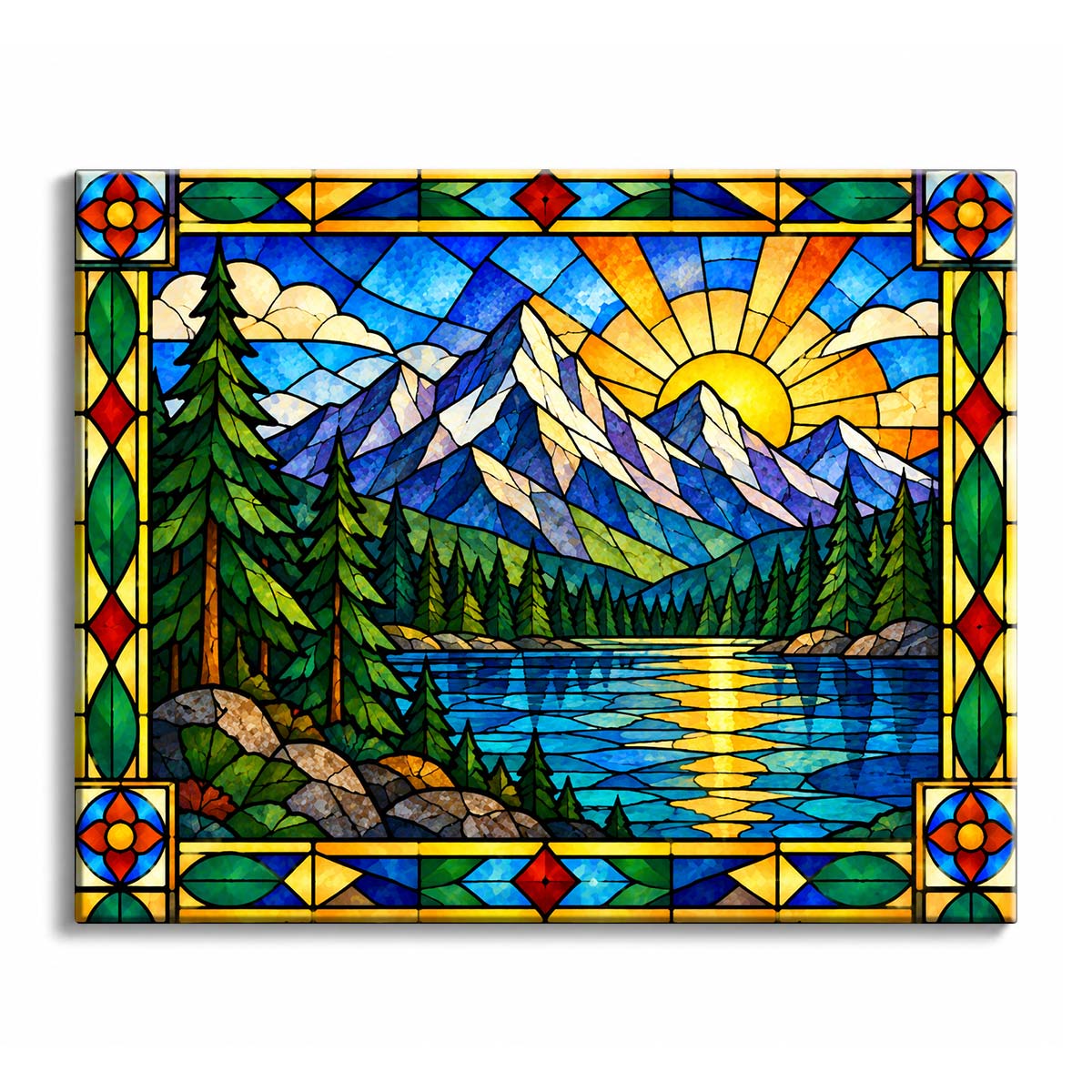 A low sun sends gold across a stained glass mountain lake paint by numbers design, with snowy peaks, blue water, and dark pines.