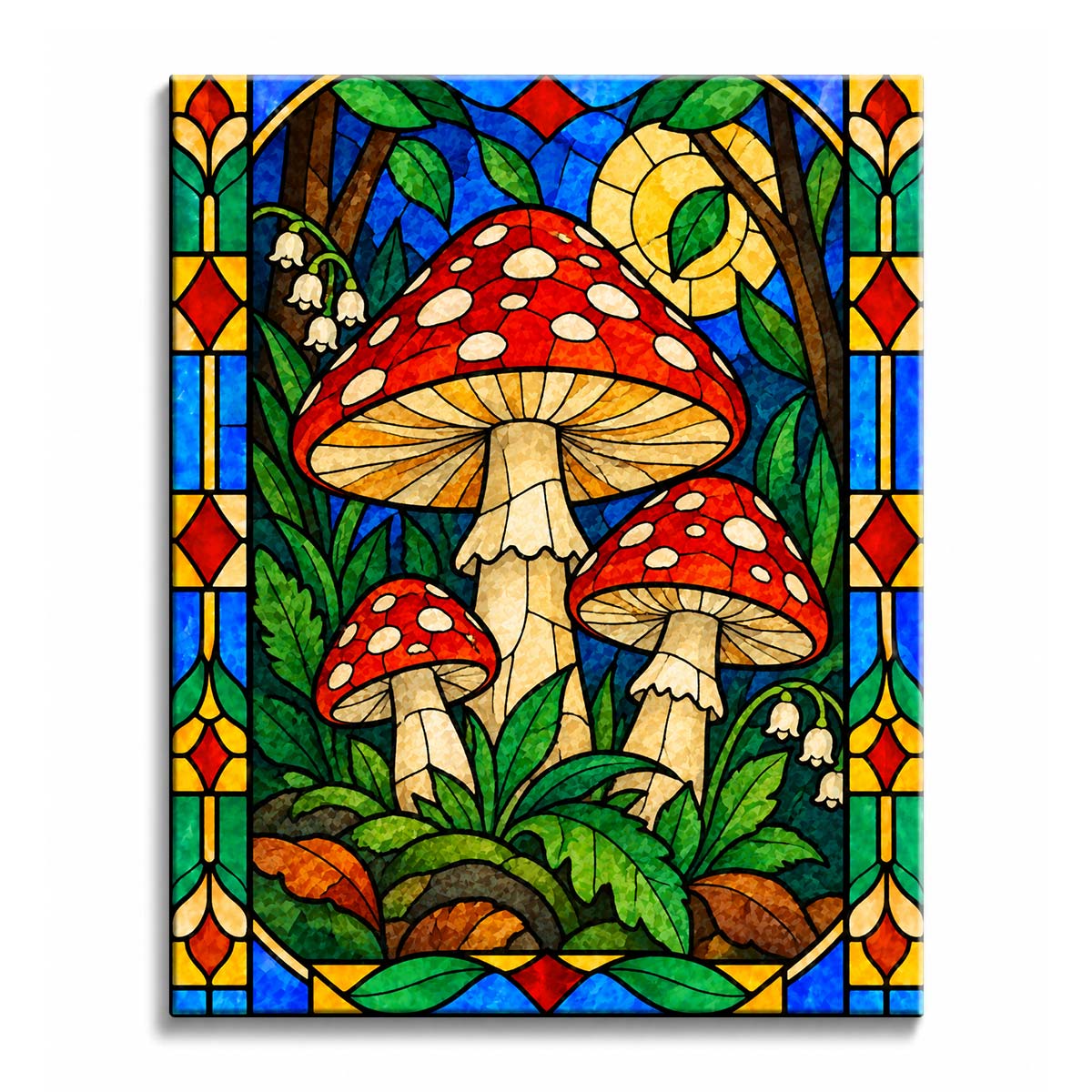 Red-capped mushrooms with cream gills rise among green foliage and brown trunks beneath a golden disk, surrounded by blue panes in a stained glass mushroom paint by numbers design.