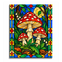Red-capped mushrooms with cream gills rise among green foliage and brown trunks beneath a golden disk, surrounded by blue panes in a stained glass mushroom paint by numbers design.