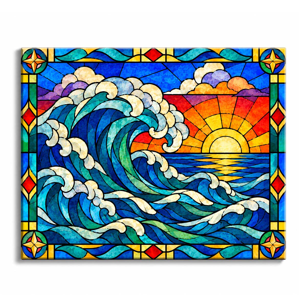 At sunset, a paint by numbers design of a stained glass ocean wave curls through blue-green water and cream foam, with a low sun and layered clouds under black leadwork.