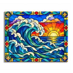 At sunset, a paint by numbers design of a stained glass ocean wave curls through blue-green water and cream foam, with a low sun and layered clouds under black leadwork.