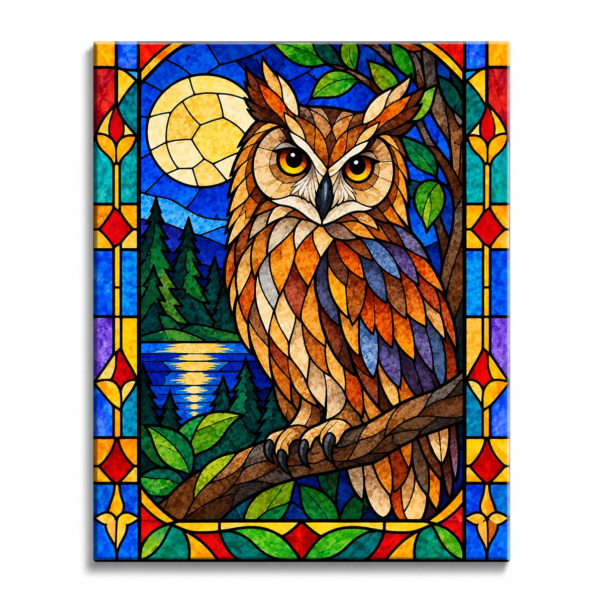 A stained glass owl paint by numbers design showing a brown-and-amber owl perched on a branch beside a full moon, dark pines, green leaves, and a reflective lake within a blue leaded border.
