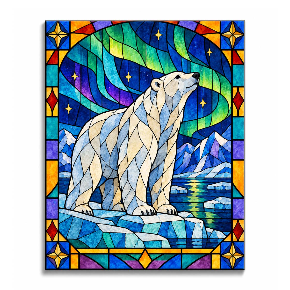 A stained glass polar bear paint by numbers design showing a white bear on blue ice beneath green aurora ribbons, with purple mountains and dark water behind the ice.