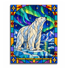 A stained glass polar bear paint by numbers design showing a white bear on blue ice beneath green aurora ribbons, with purple mountains and dark water behind the ice.