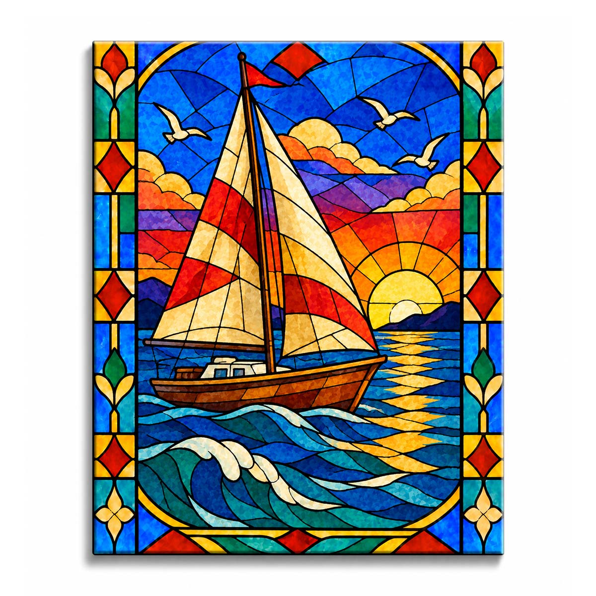 Sunset light falls across a stained glass sailboat paint by numbers design with red-and-cream sails, blue waves, violet mountains, and a low golden sun.