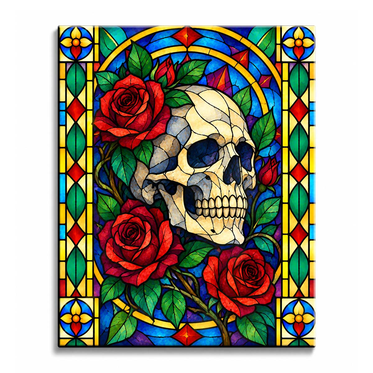 Red roses surround a cream stained glass skull in a paint by numbers design with green leaves, deep blue panes, and a gold window border.