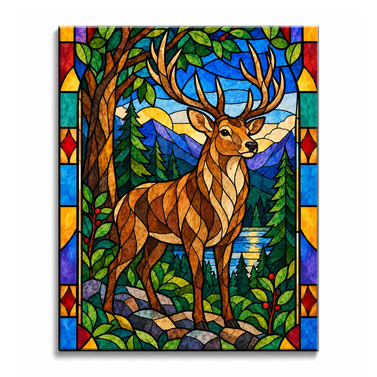 A stag with branching antlers stands among green trees above a reflective lake, with blue mountains and a golden sun behind it in a stained glass stag paint by numbers design surrounded by a multicolored window border.