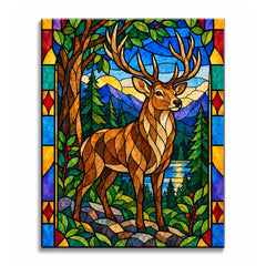 A stag with branching antlers stands among green trees above a reflective lake, with blue mountains and a golden sun behind it in a stained glass stag paint by numbers design surrounded by a multicolored window border.