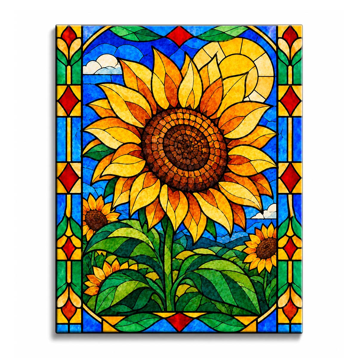 Golden petals radiate from the brown mosaic center of a stained glass sunflower paint by numbers design, with smaller blooms, green leaves, a yellow sun, and red diamond motifs against blue panes.