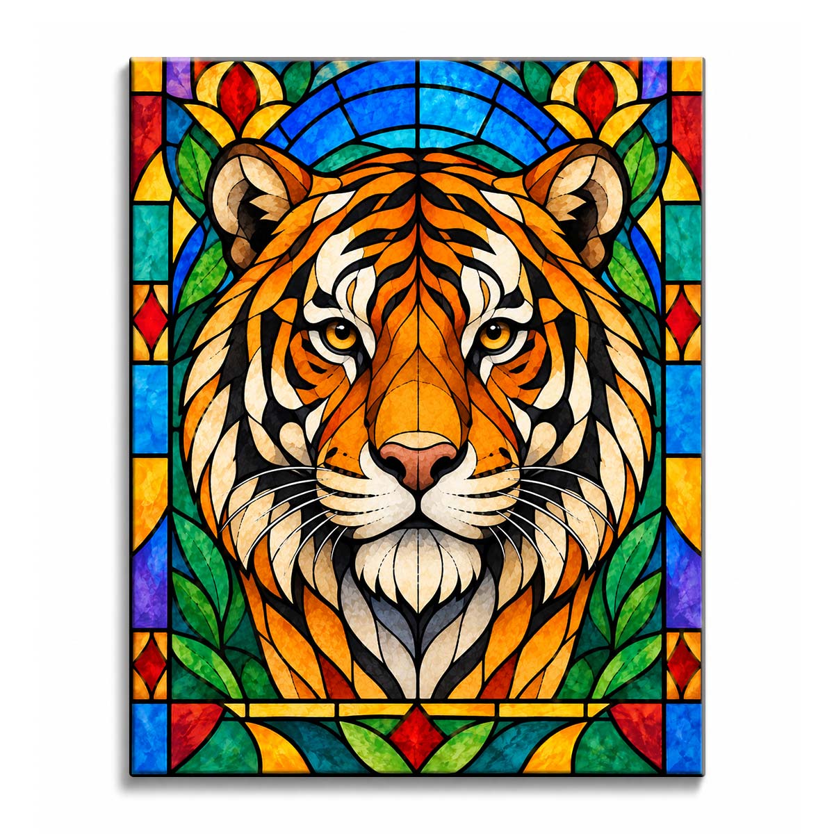 Black stripes curve across an orange tiger face in a stained glass tiger paint by numbers design, surrounded by blue and green leaded panels with red floral border motifs.
