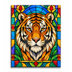 Black stripes curve across an orange tiger face in a stained glass tiger paint by numbers design, surrounded by blue and green leaded panels with red floral border motifs.