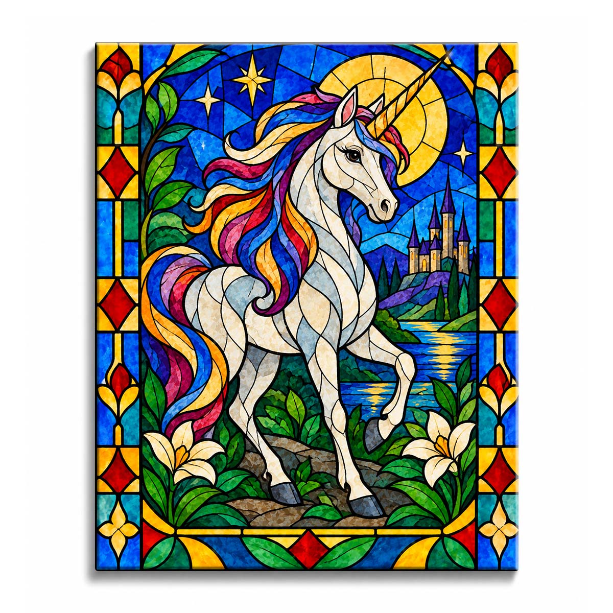 Against a golden moon and deep blue sky, a white unicorn with a rainbow mane stands before a distant castle and lake in a stained glass paint by numbers design with an ornamental floral border.