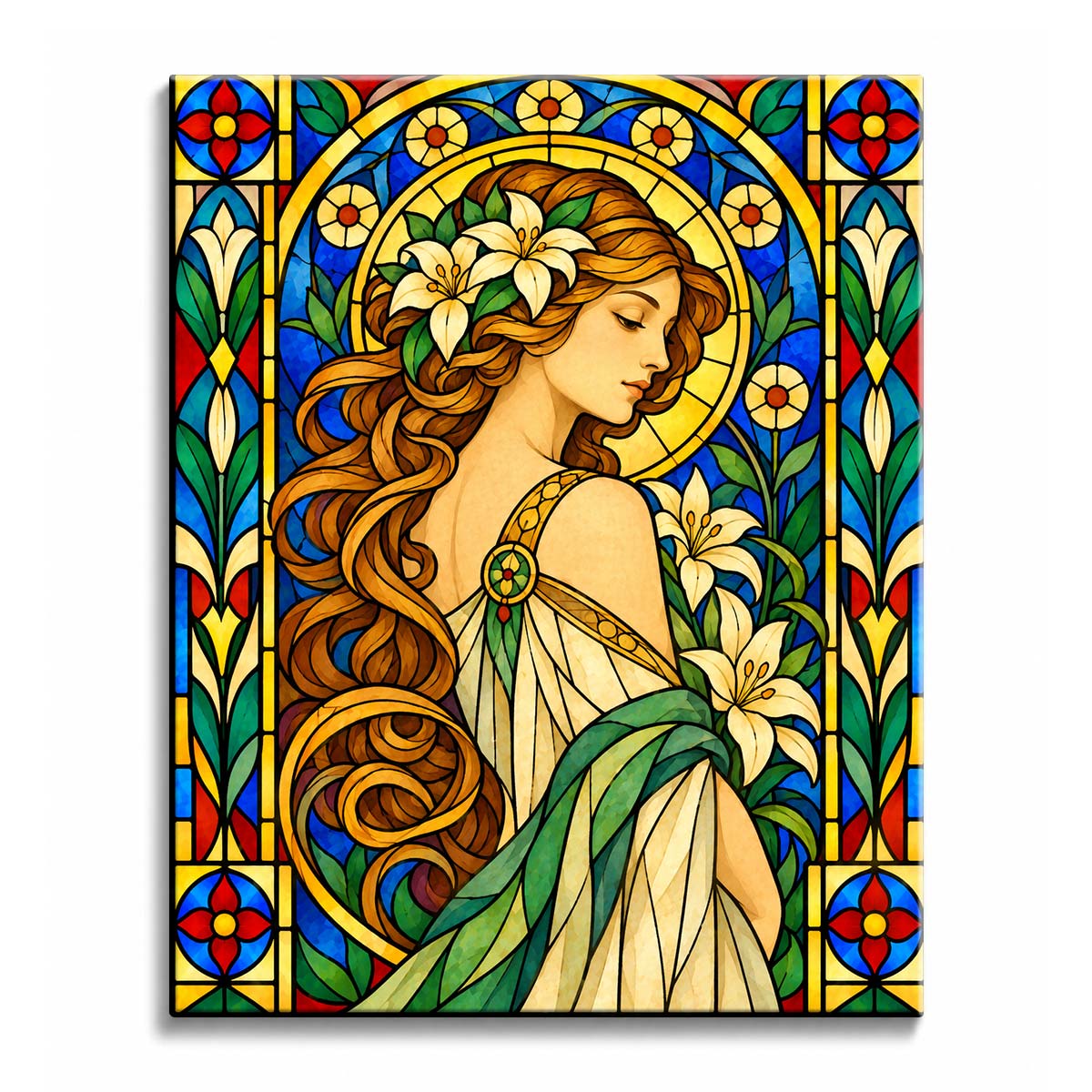 A copper-haired woman in profile with white lilies, a golden circular backdrop, and blue-green floral panels in a stained glass woman paint by numbers design.