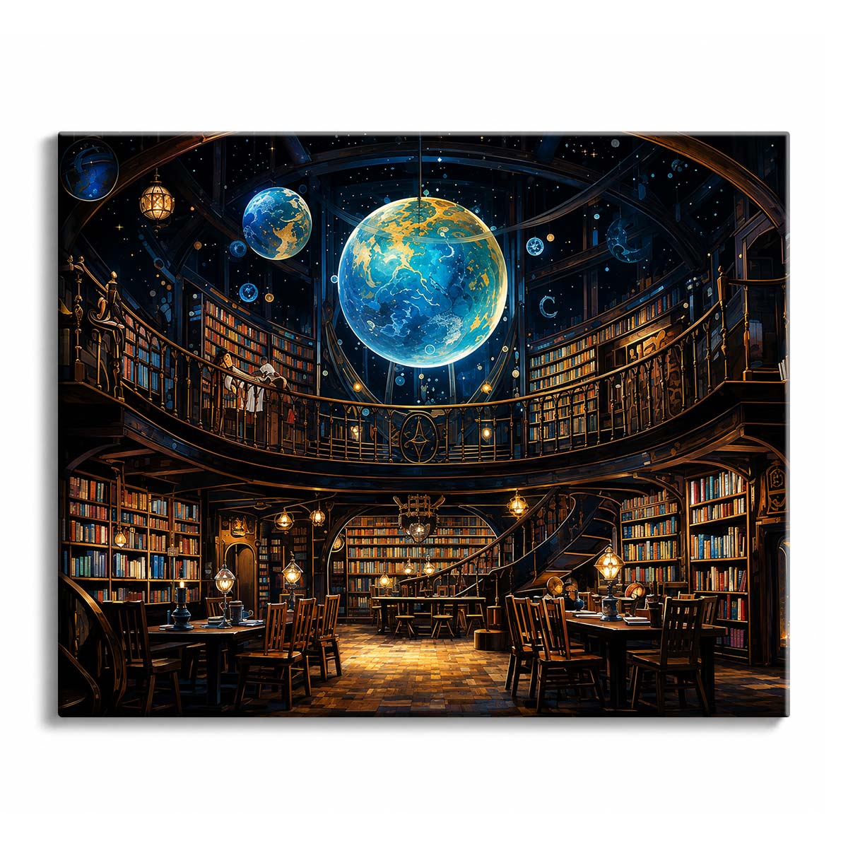 Inside a two-story library, glowing blue spheres hang beneath a starry ceiling above shelves of books and lamp-lit tables, in a paint by numbers design.