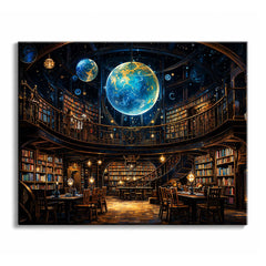 Inside a two-story library, glowing blue spheres hang beneath a starry ceiling above shelves of books and lamp-lit tables, in a paint by numbers design.