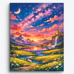 anime style starlit valley with castle on cliff waterfall river reflections galaxy sky fantasy landscape paint by numbers design