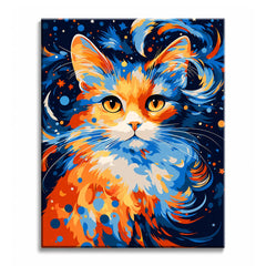 A cat with orange and blue fur gazing out of a swirling starry night, in a paint by numbers design.