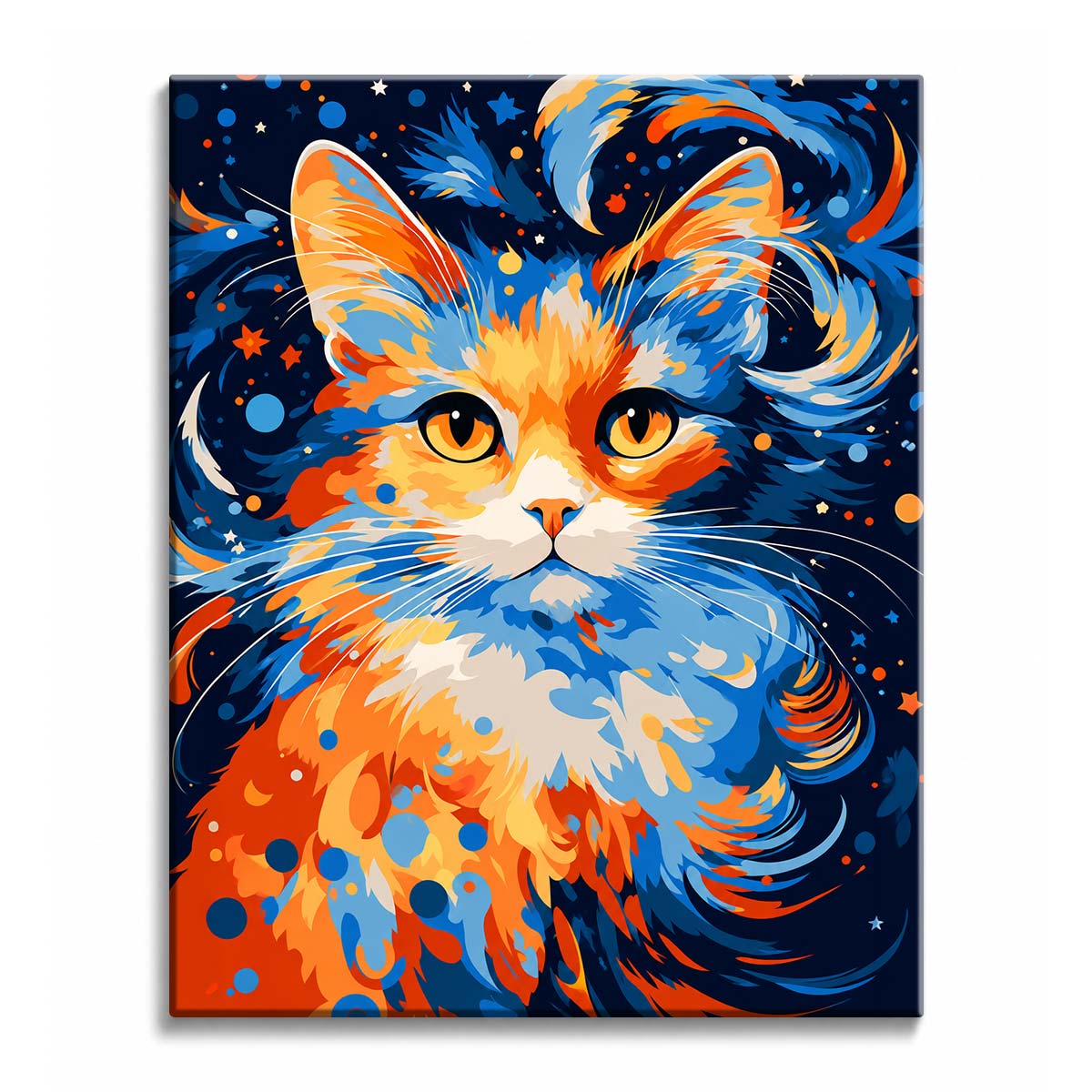 A cat with orange and blue fur gazing out of a swirling starry night, in a paint by numbers design.