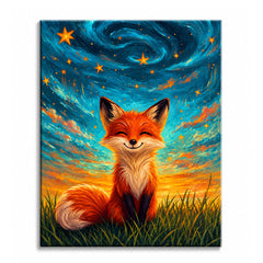 A smiling fox sitting in grass under a swirling blue starry sky with an orange sunset horizon, shown as a paint by numbers canvas.